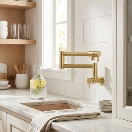 Lagomel wall-mounted pot filler in brushed gold, brushed nickel, set in a Modern/Contemporary kitchen