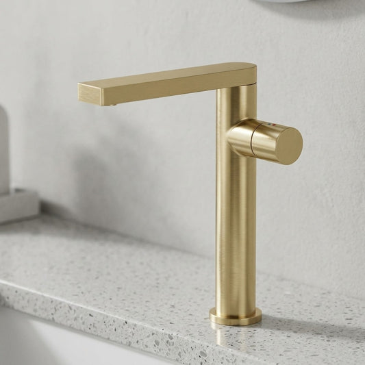 Lagomel single-hole bathroom faucet in brushed gold, matte black, set in a Modern/Contemporary/Minimalist bathroom