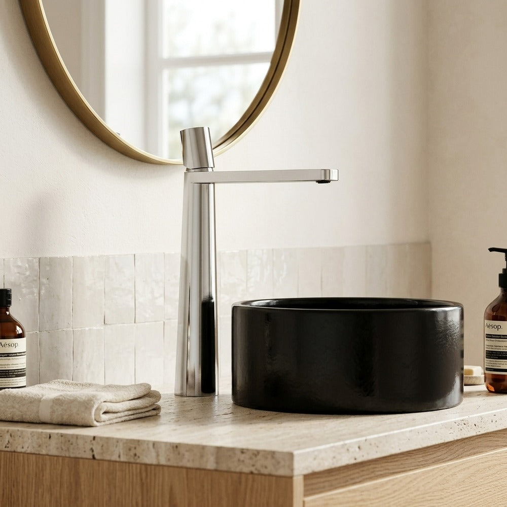 Lagomel waterfall single-handle vessel sink faucet in chrome, matte black, brushed gold, matte white, gunmetal, set in a Modern/Contemporary bathroom