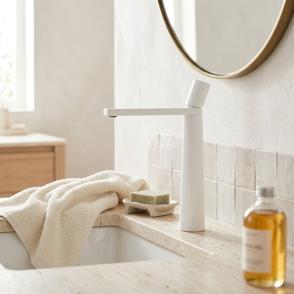 Lagomel waterfall single-handle vessel sink faucet, set in a Modern/Contemporary bathroom