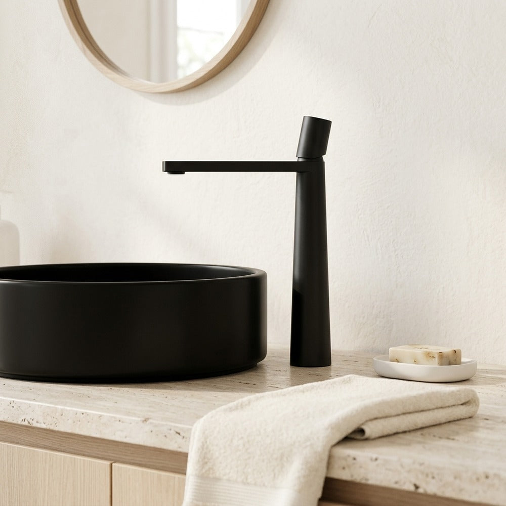 Lagomel waterfall single-handle vessel sink faucet, set in a Modern/Contemporary bathroom