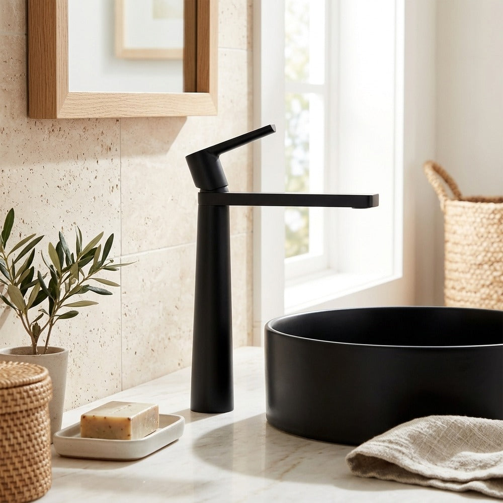 Lagomel waterfall single-handle vessel sink faucet, set in a Modern/Contemporary bathroom