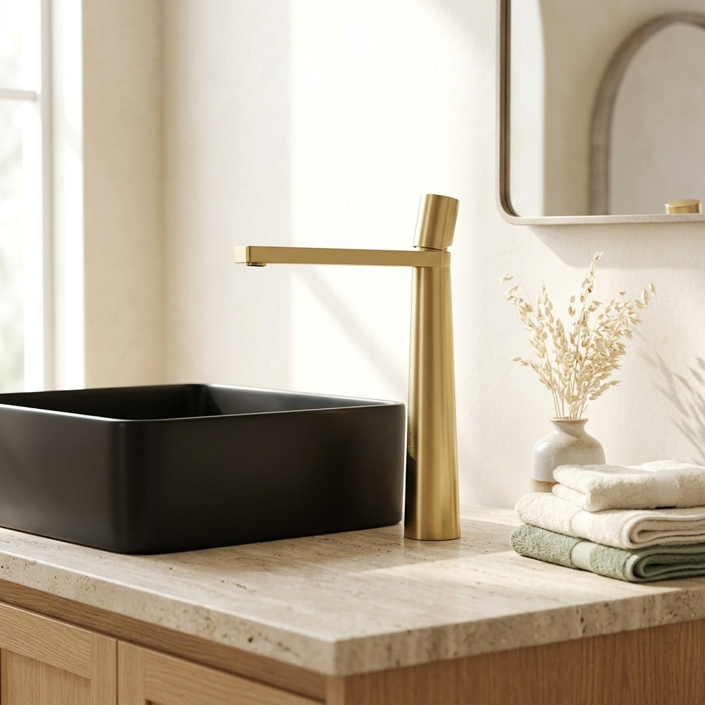 Lagomel waterfall single-handle vessel sink faucet, set in a Modern/Contemporary bathroom