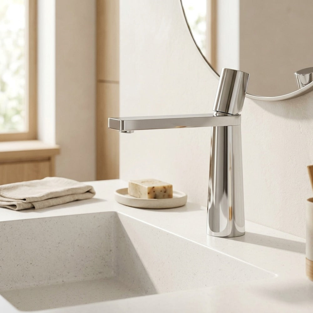 Lagomel single-hole bathroom faucet in chrome, matte black, gunmetal, brushed gold, matte white, set in a Modern/Minimalist/Contemporary bathroom