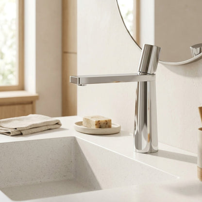 Lagomel single-hole bathroom faucet in chrome, matte black, gunmetal, brushed gold, matte white, set in a Modern/Minimalist/Contemporary bathroom