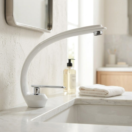 Lagomel single-hole bathroom faucet in brushed nickel, chrome, matte black, two-tone / mixed finish, set in a Modern/Contemporary bathroom