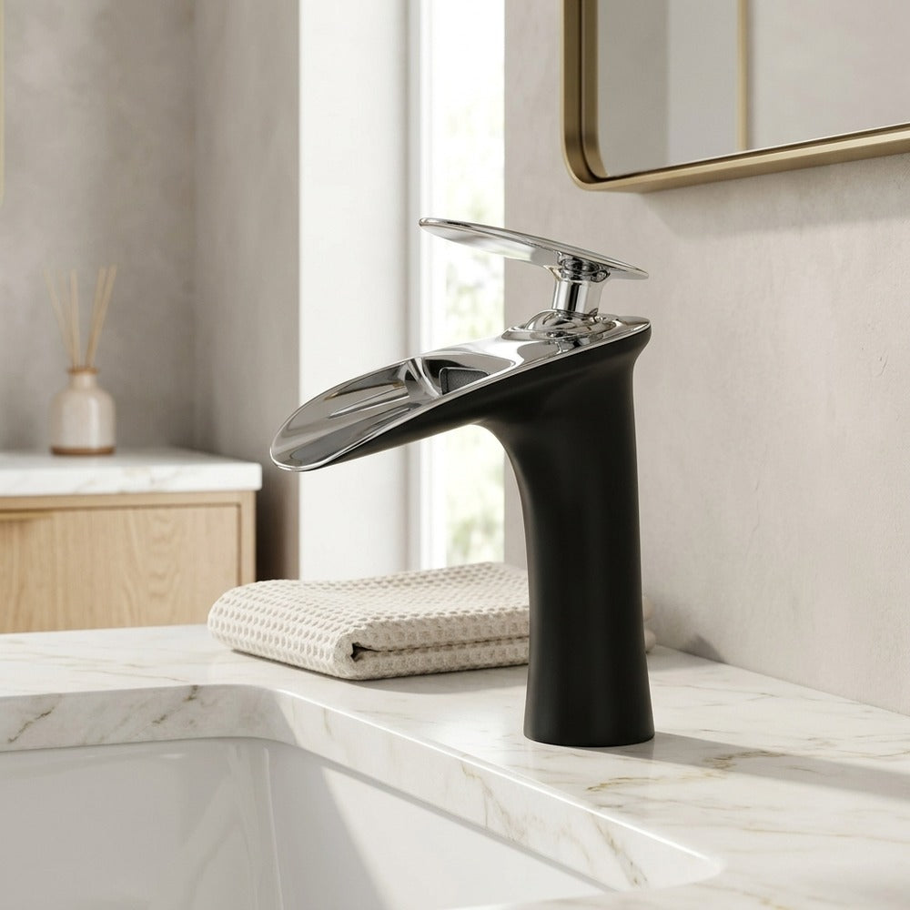 Lagomel waterfall single-hole bathroom faucet in two-tone / mixed finish, chrome, brushed gold, polished gold, set in a Modern/Contemporary bathroom