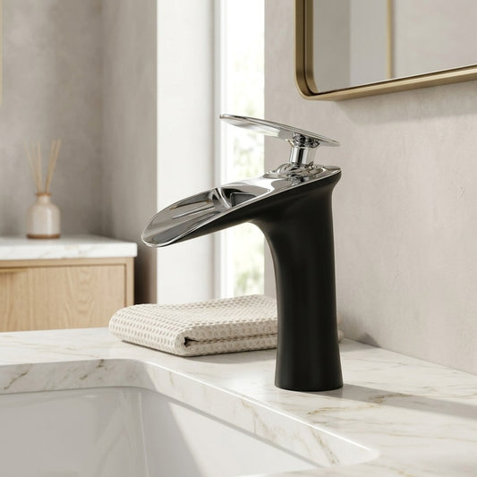 Lagomel waterfall single-hole bathroom faucet in two-tone / mixed finish, chrome, brushed gold, polished gold, set in a Modern/Contemporary bathroom
