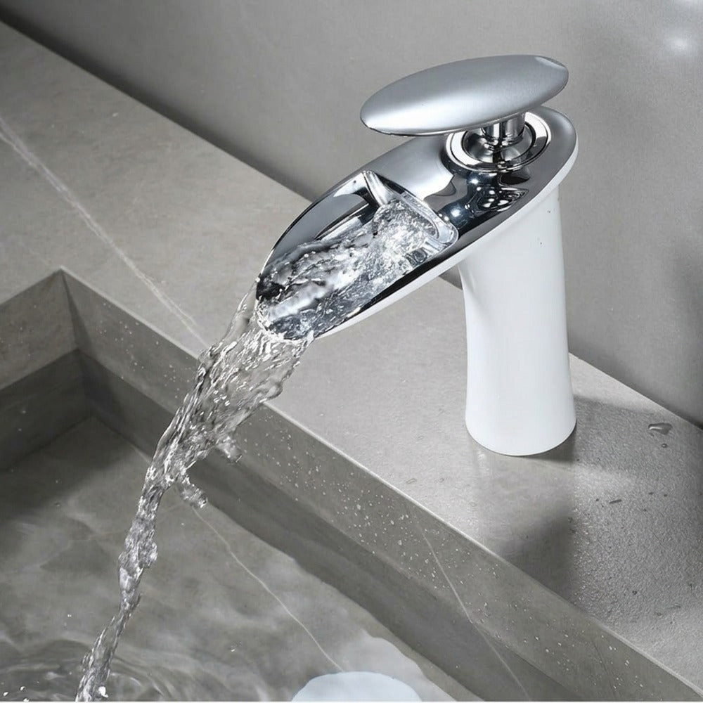 Lagomel waterfall single-hole bathroom faucet, set in a Modern/Minimalist bathroom