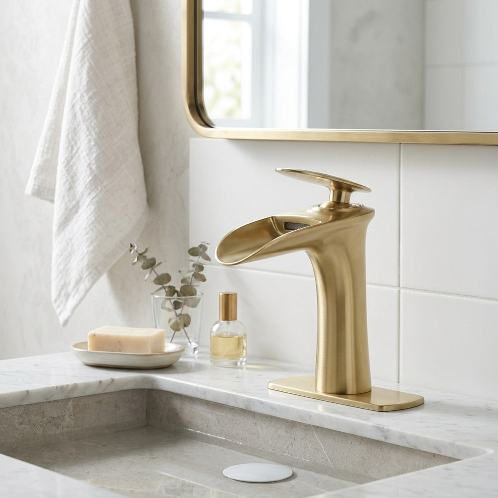 Lagomel waterfall single-hole bathroom faucet, set in a Modern/Minimalist bathroom