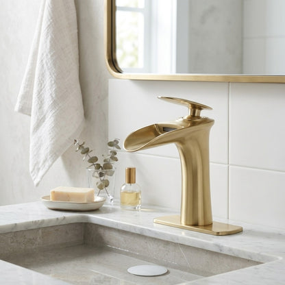 Lagomel waterfall single-hole bathroom faucet, set in a Modern/Minimalist bathroom