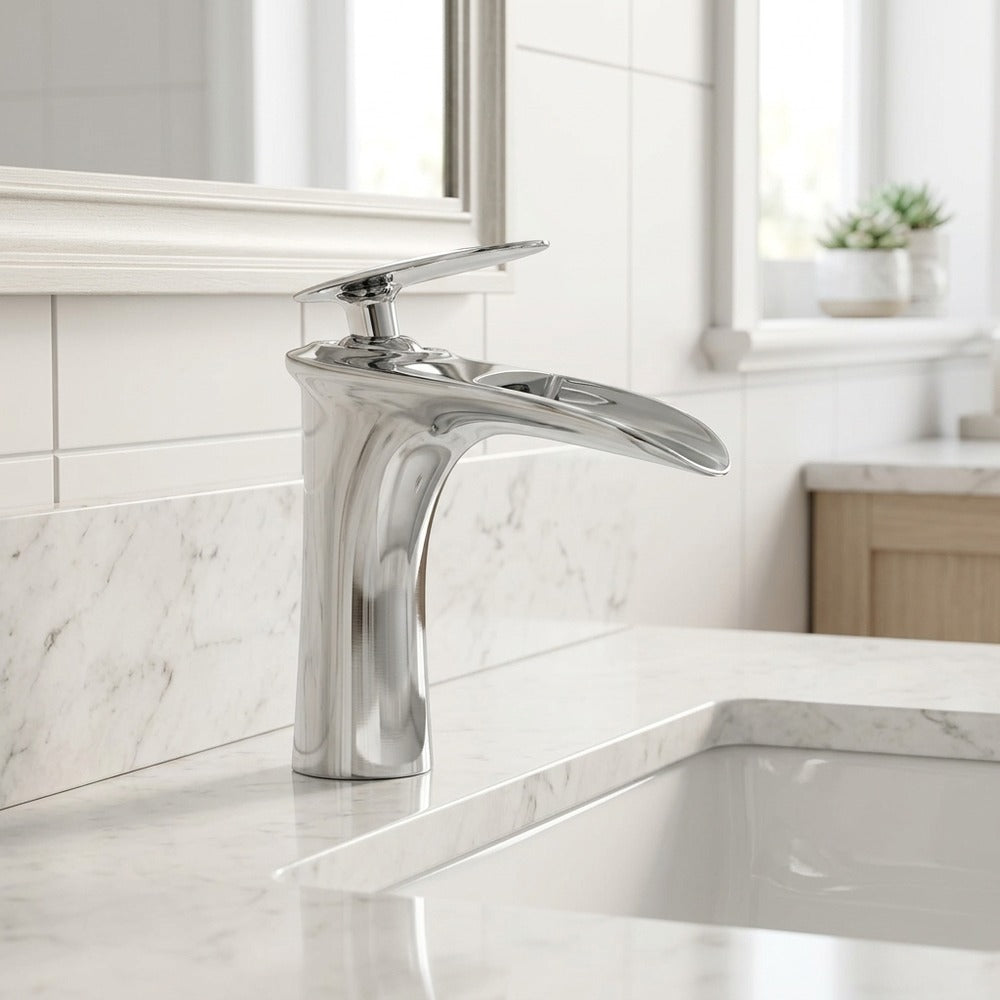 Lagomel waterfall single-hole bathroom faucet, set in a Modern/Minimalist bathroom