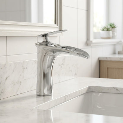 Lagomel waterfall single-hole bathroom faucet, set in a Modern/Minimalist bathroom