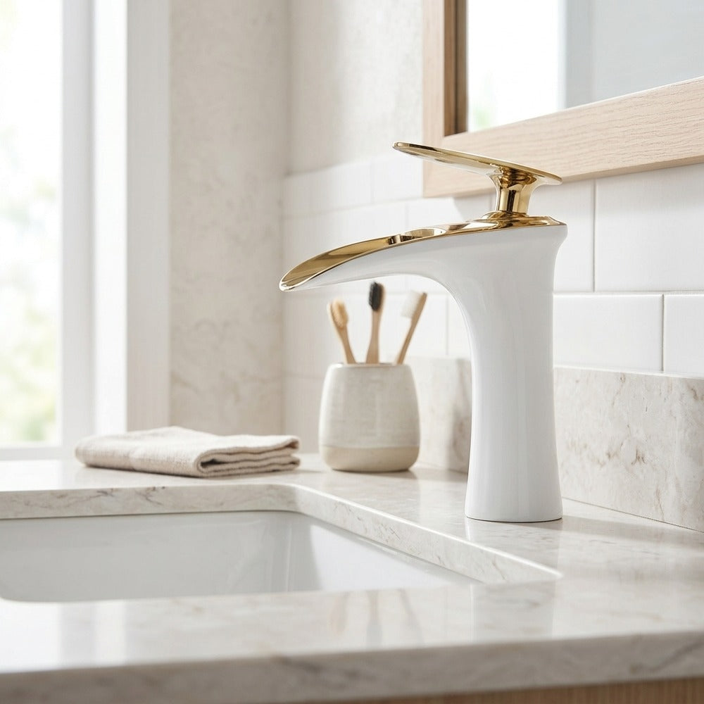 Lagomel waterfall single-hole bathroom faucet, set in a Modern/Minimalist bathroom
