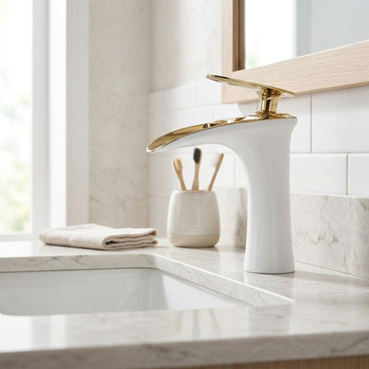 Lagomel waterfall single-hole bathroom faucet, set in a Modern/Minimalist bathroom