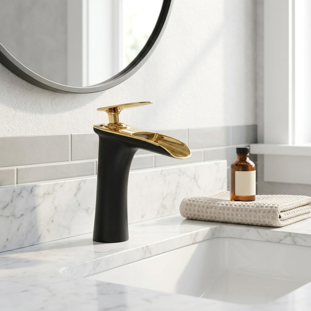 Lagomel waterfall single-hole bathroom faucet, set in a Modern/Minimalist bathroom