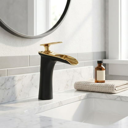 Lagomel waterfall single-hole bathroom faucet, set in a Modern/Minimalist bathroom