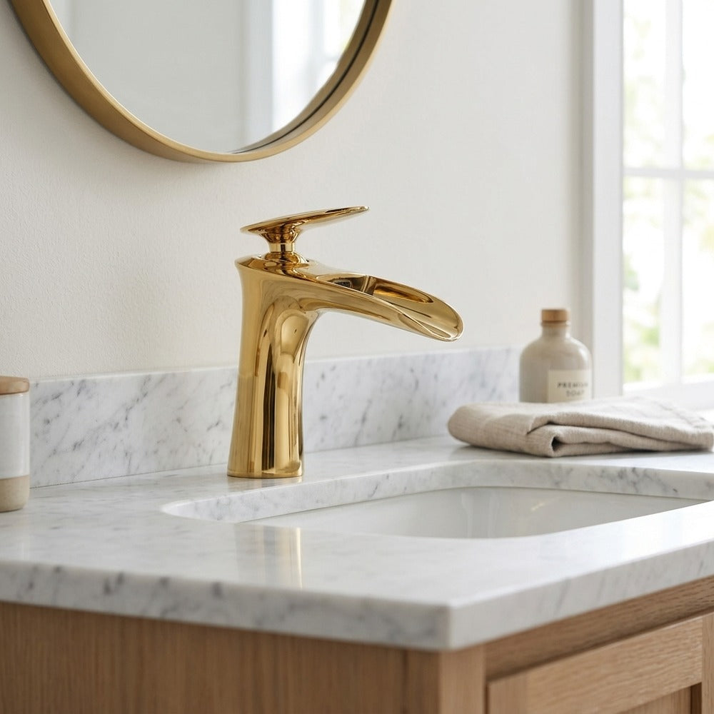 Lagomel waterfall single-hole bathroom faucet, set in a Modern/Minimalist bathroom