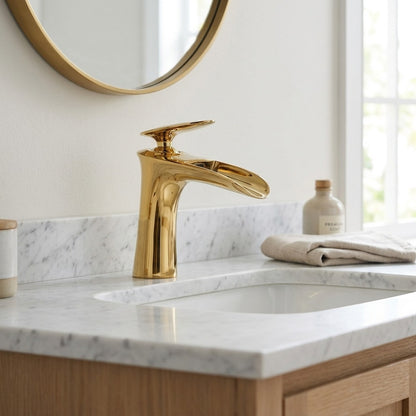Lagomel waterfall single-hole bathroom faucet, set in a Modern/Minimalist bathroom