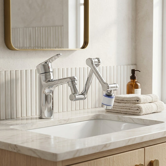 Lagomel faucet aerator in electroplated, set in a Contemporary kitchen