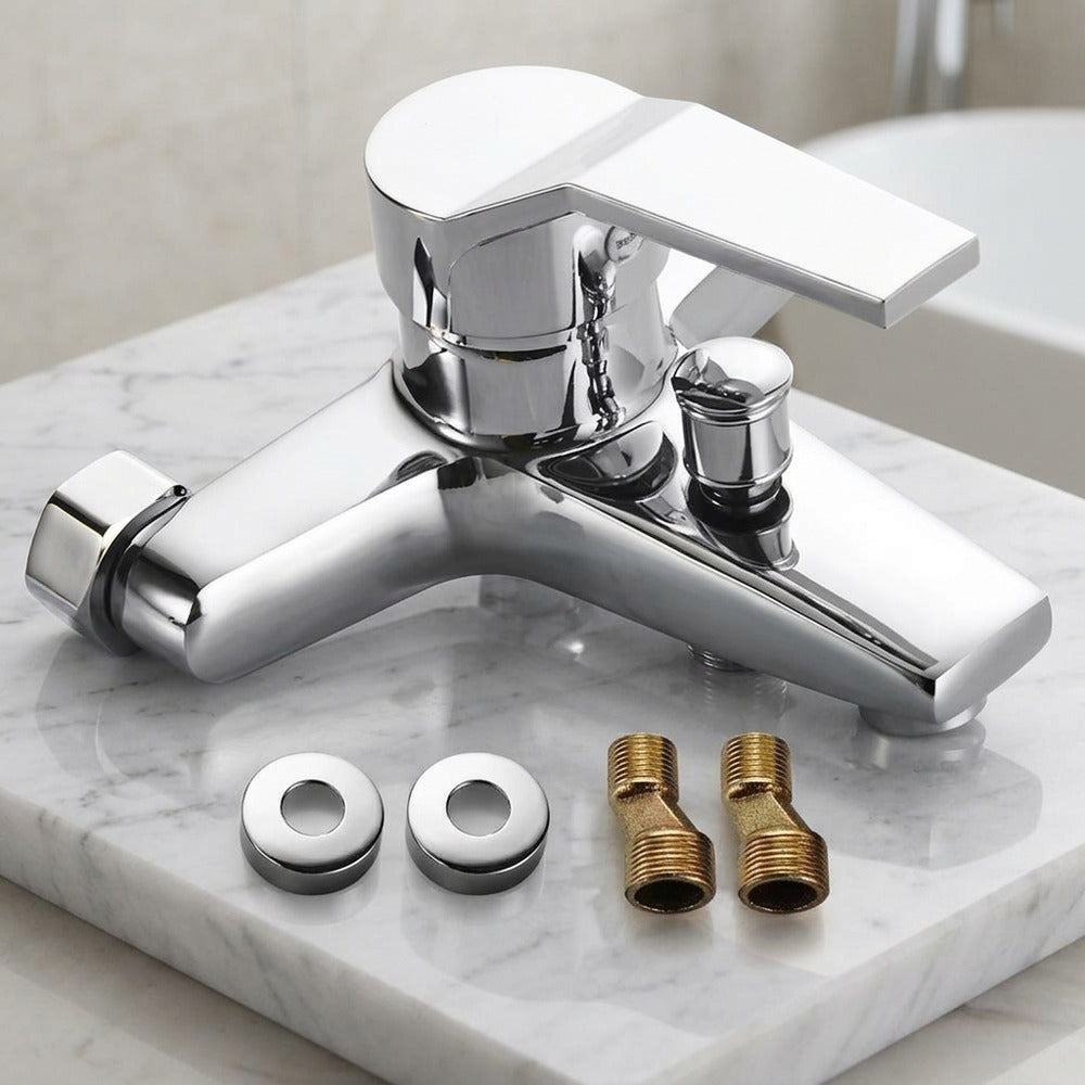 Lagomel single-handle wall-mount tub filler in chrome, set in a Contemporary bathroom