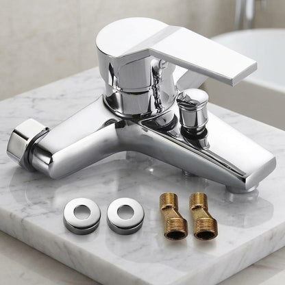 Lagomel single-handle wall-mount tub filler in chrome, set in a Contemporary bathroom