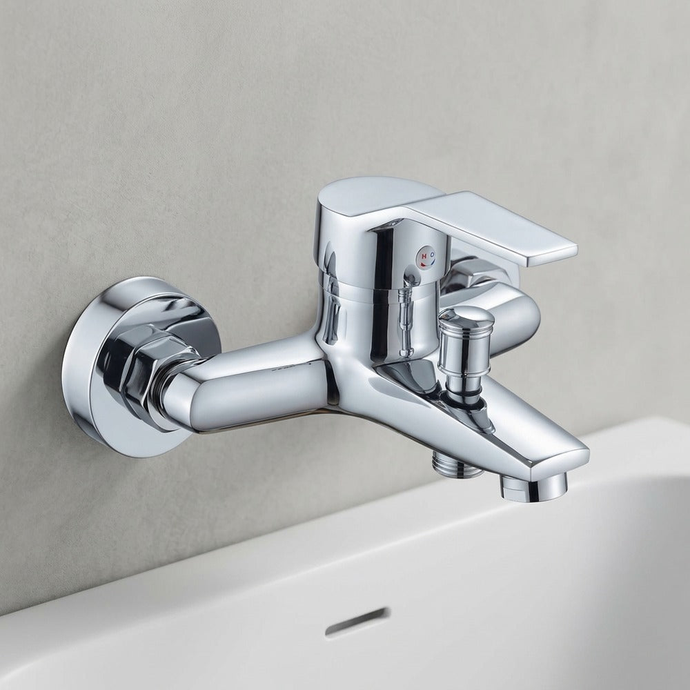 Lagomel single-handle wall-mount tub filler, set in a Modern/Contemporary/Minimalist bathroom