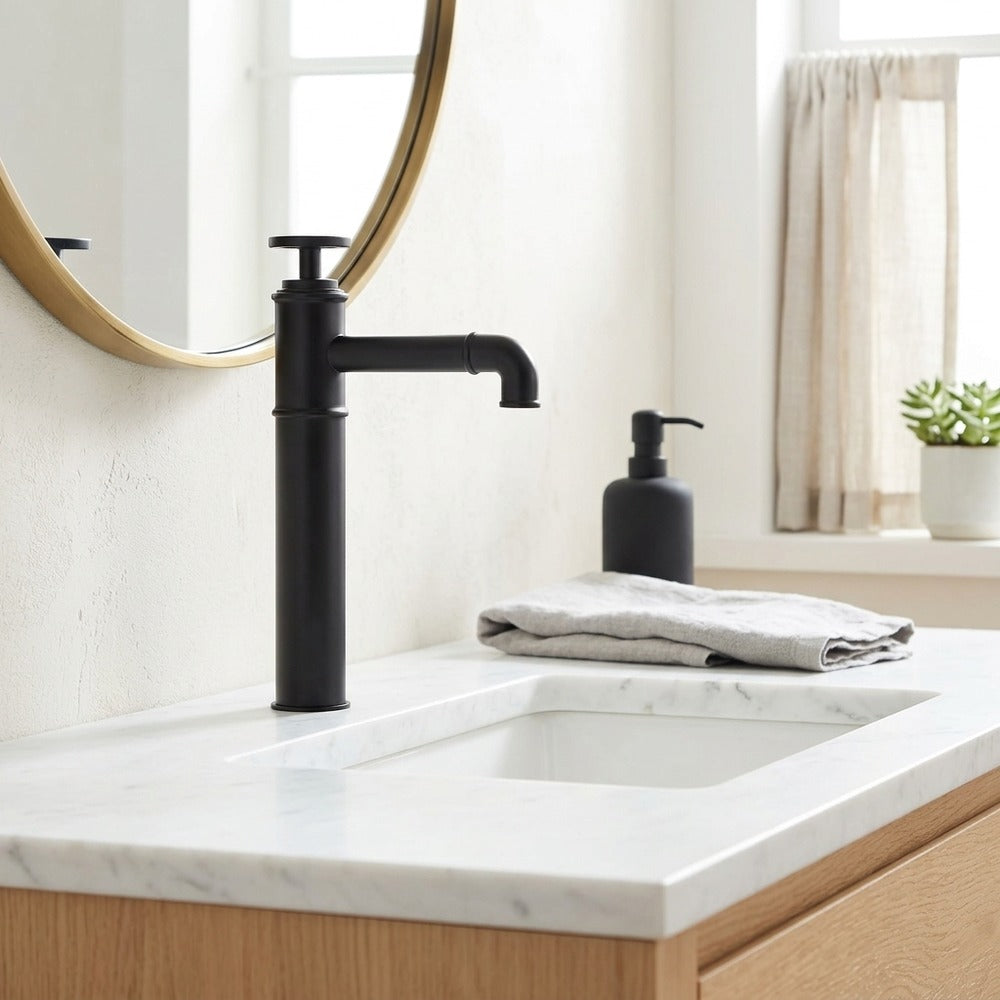 Lagomel single-hole vessel sink faucet in matte black, set in a Contemporary/Industrial bathroom