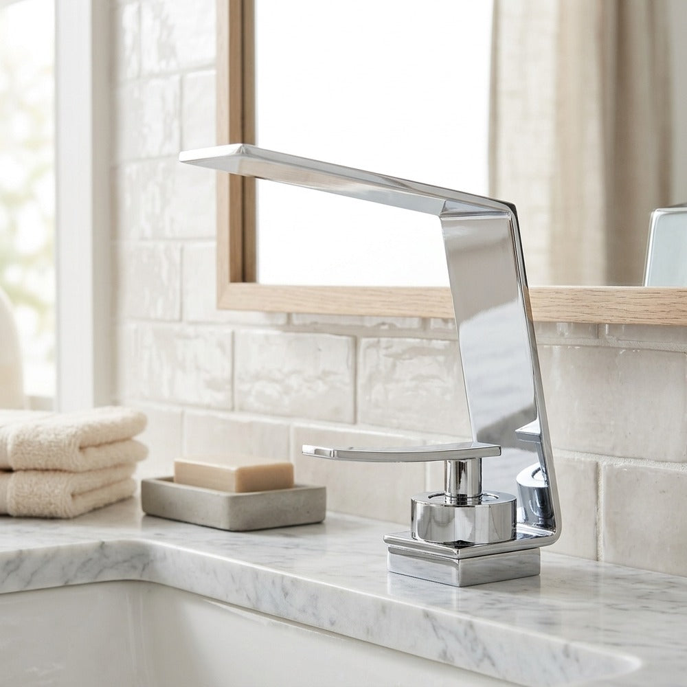 Lagomel waterfall single-hole bathroom faucet in chrome, matte black, matte white, gunmetal, set in a Modern/Minimalist bathroom
