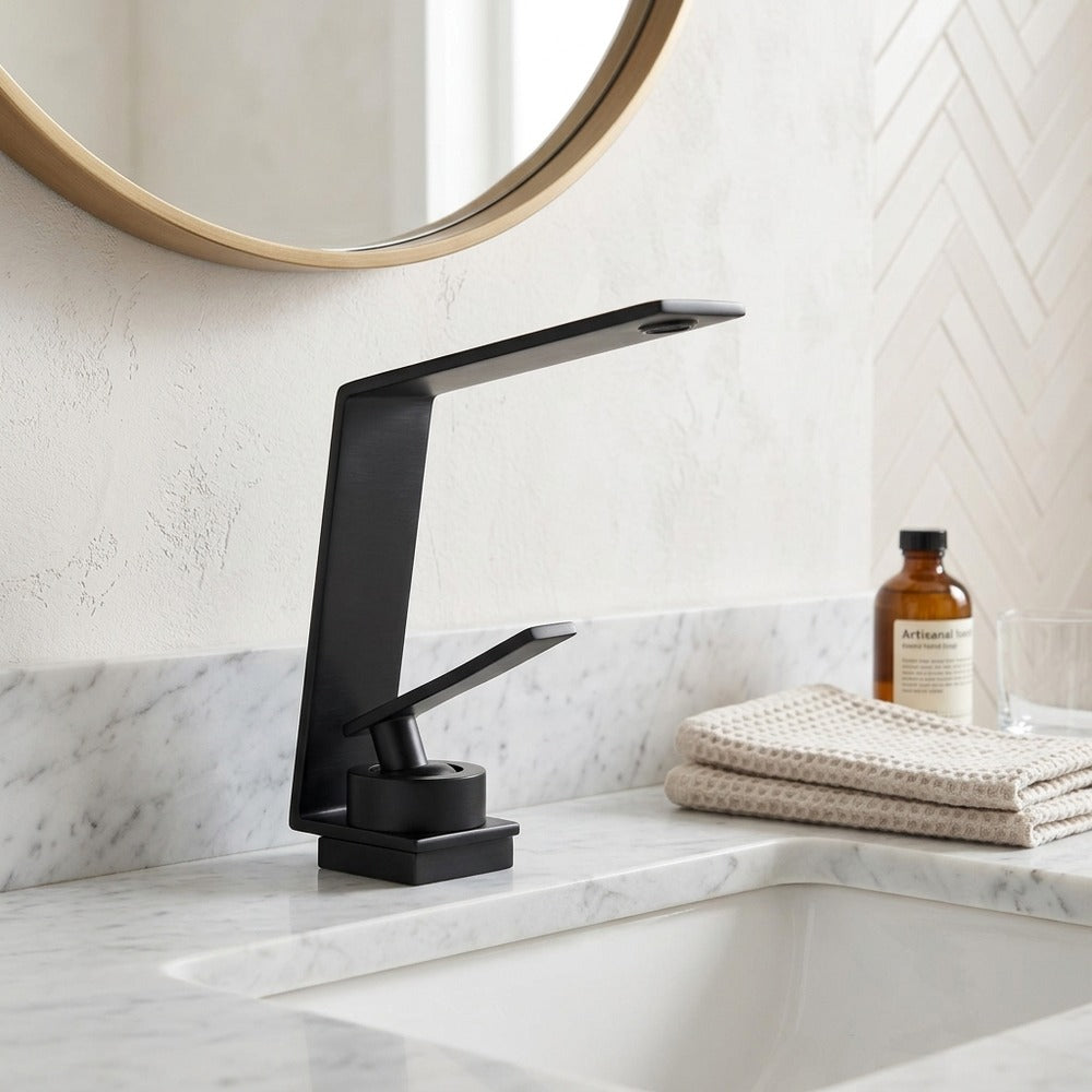 Lagomel waterfall single-hole bathroom faucet, set in a Modern/Minimalist bathroom