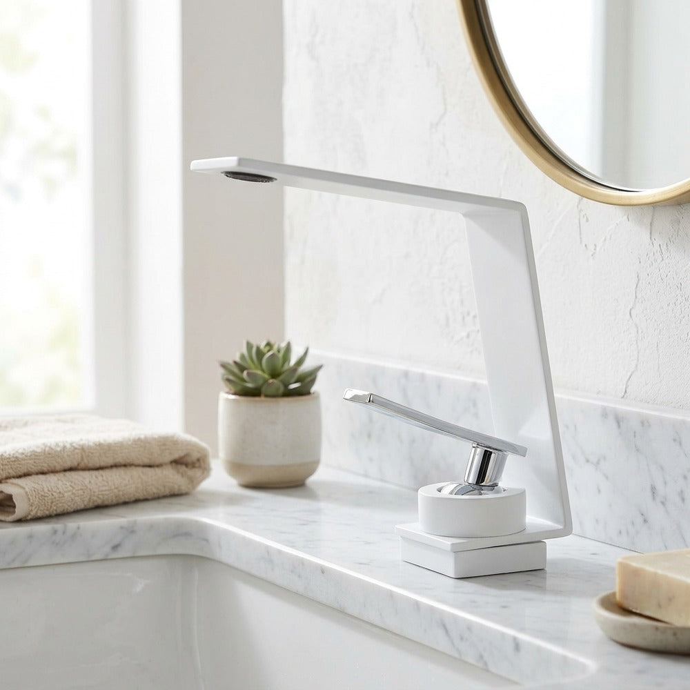 Lagomel waterfall single-hole bathroom faucet, set in a Modern/Minimalist bathroom