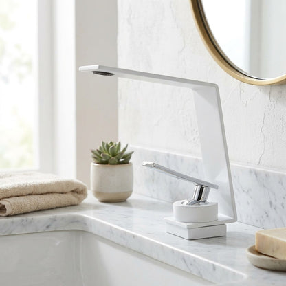 Lagomel waterfall single-hole bathroom faucet, set in a Modern/Minimalist bathroom
