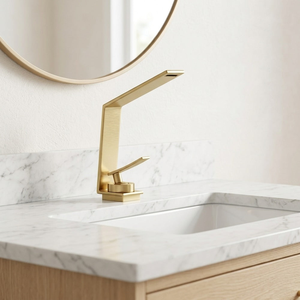 Lagomel waterfall single-hole bathroom faucet, set in a Modern/Minimalist bathroom