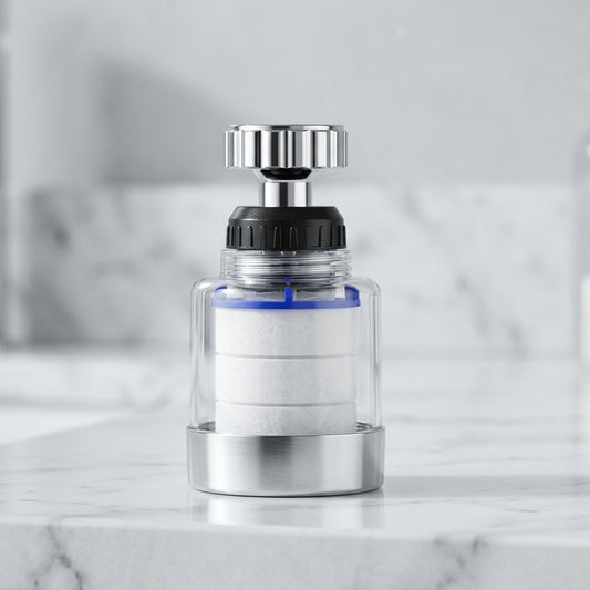 Lagomel faucet water filter in chrome, set in a Traditional/Classic bathroom