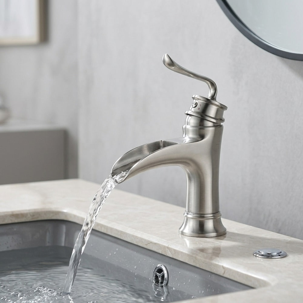 Lagomel waterfall single-hole bathroom faucet in brushed nickel, matte black, set in a Modern/Contemporary/Minimalist bathroom
