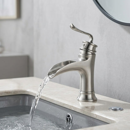 Lagomel waterfall single-hole bathroom faucet in brushed nickel, matte black, set in a Modern/Contemporary/Minimalist bathroom