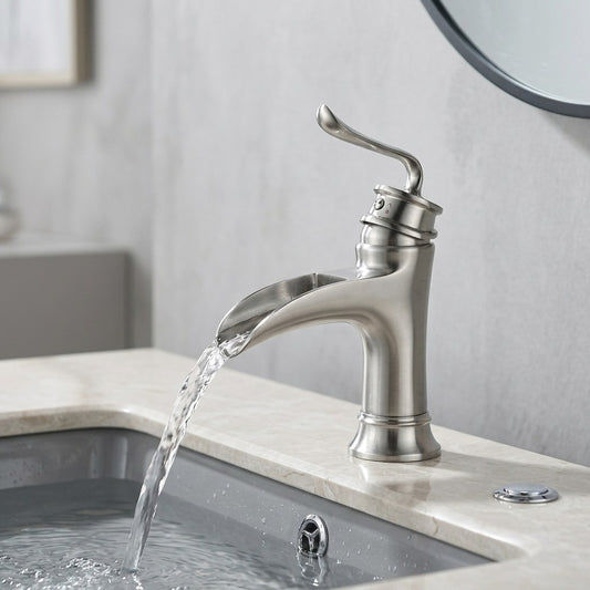 Lagomel waterfall single-hole bathroom faucet in brushed nickel, matte black, set in a Modern/Contemporary/Minimalist bathroom