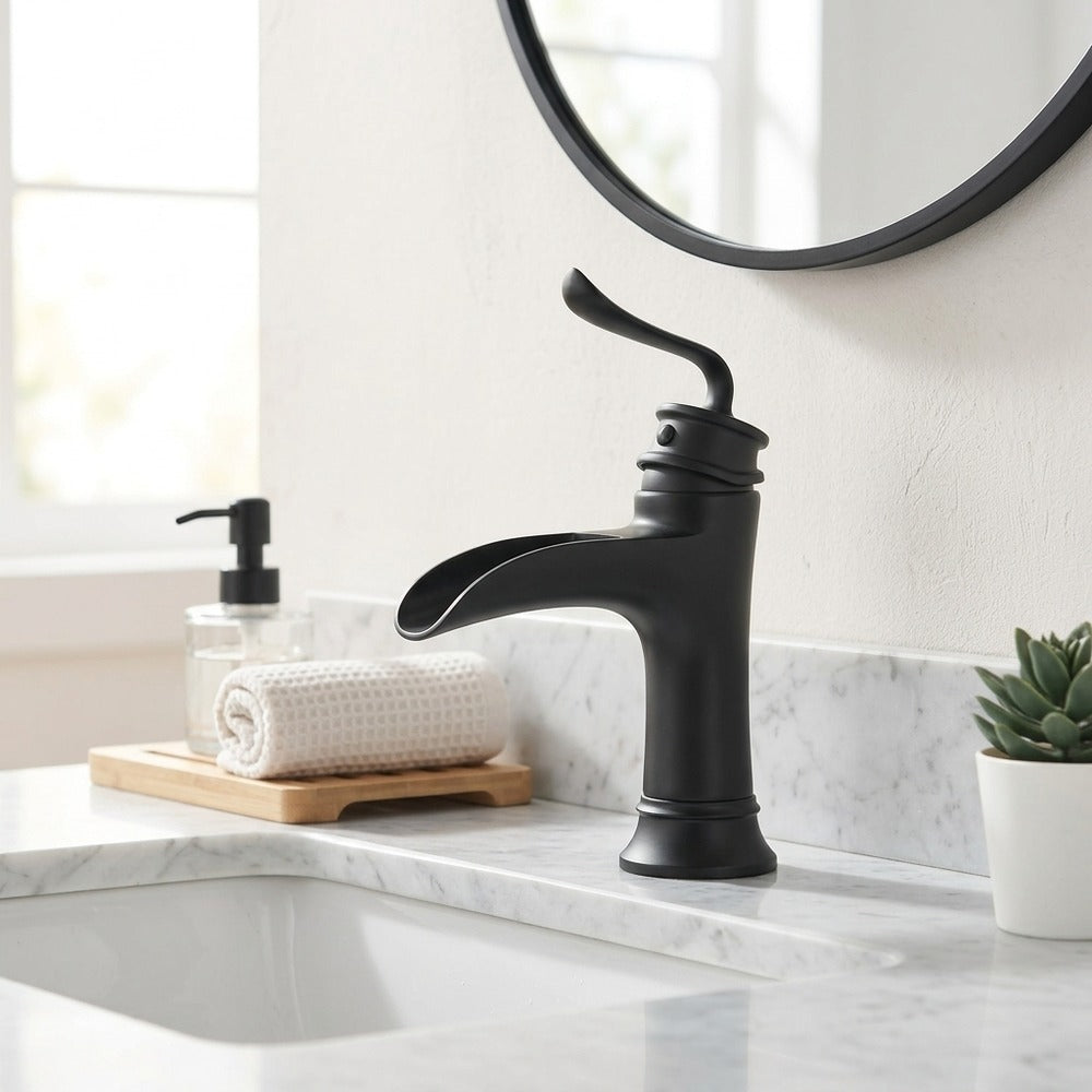 Lagomel waterfall single-hole bathroom faucet, set in a Modern/Minimalist bathroom