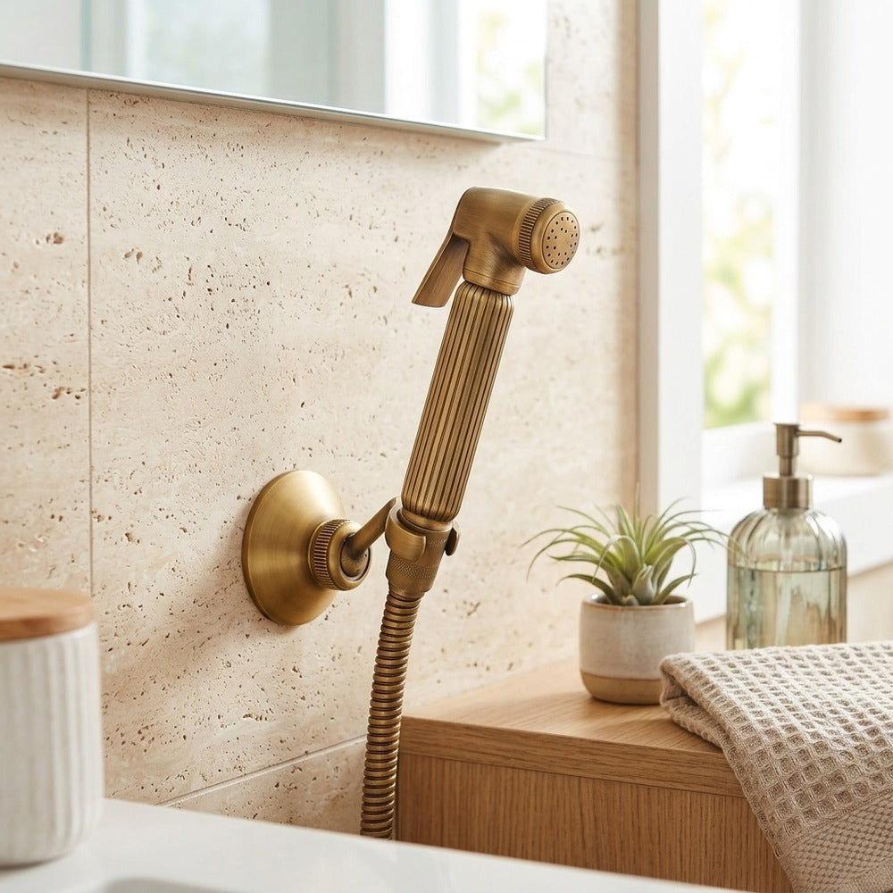 Lagomel wall-mounted bidet faucet in antique copper, set in a Traditional/Classic/Vintage/Retro bathroom