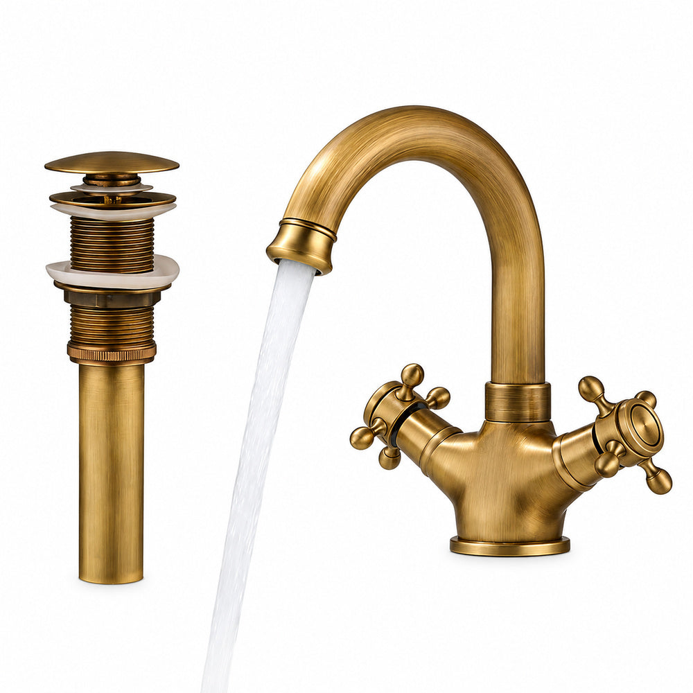 Antique Brass Swivel Spout Bathroom Faucet, Single-Hole Dual Cross Handle Vanity Faucet