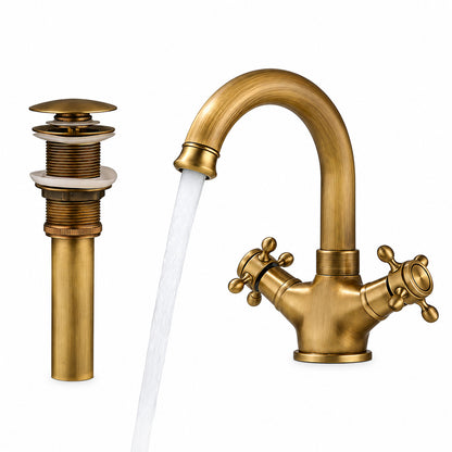 Antique Brass Swivel Spout Bathroom Faucet, Single-Hole Dual Cross Handle Vanity Faucet