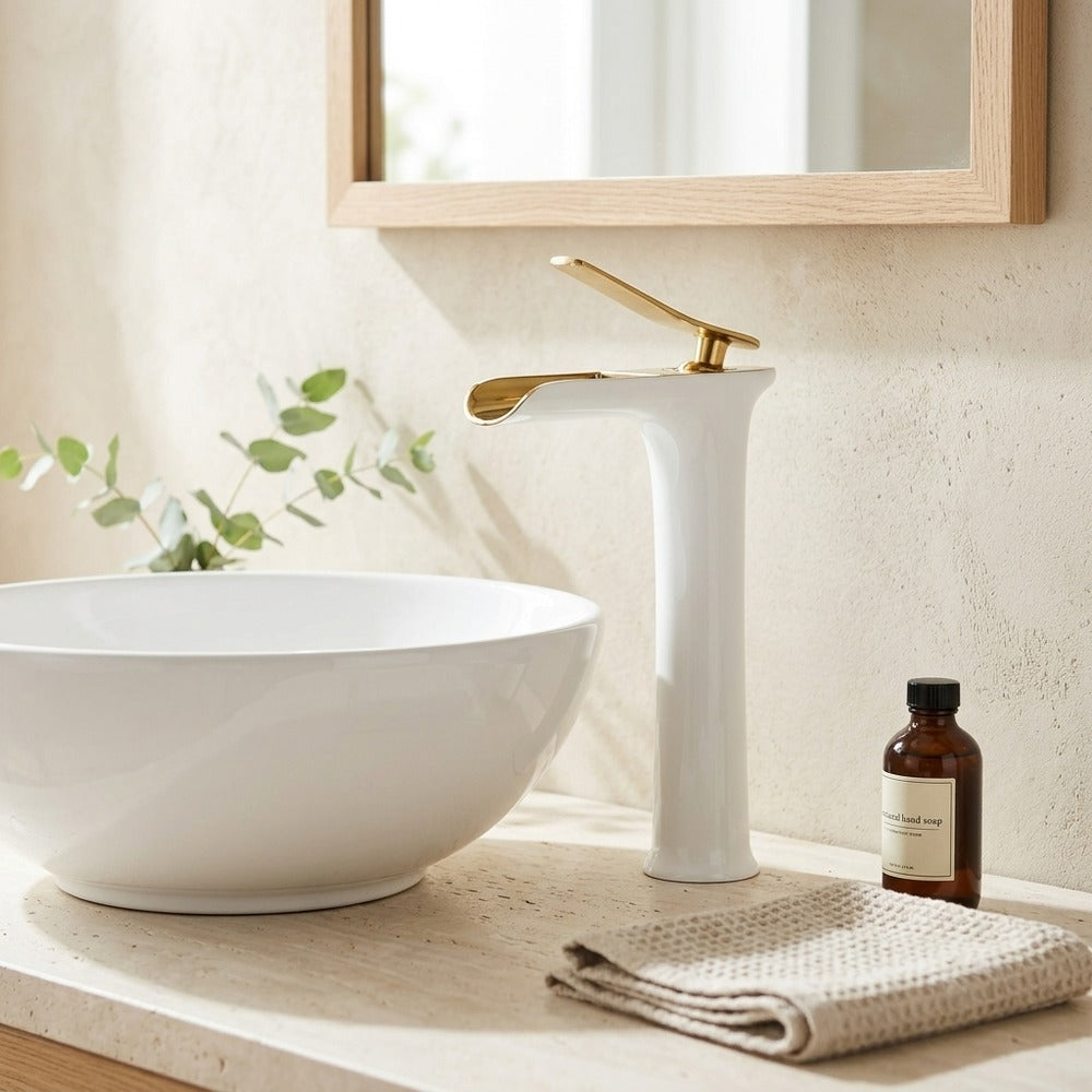 Lagomel waterfall single-handle vessel sink faucet, set in a Modern/Contemporary bathroom