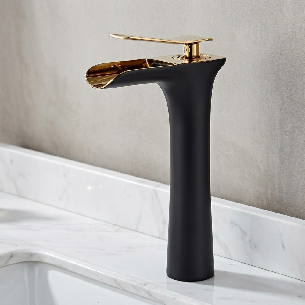 Lagomel waterfall single-handle vessel sink faucet, set in a Modern/Contemporary bathroom