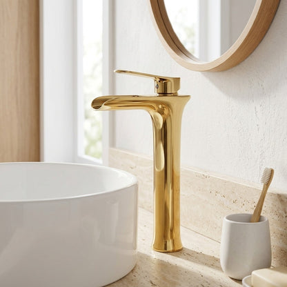 Lagomel waterfall single-handle vessel sink faucet, set in a Modern/Contemporary bathroom