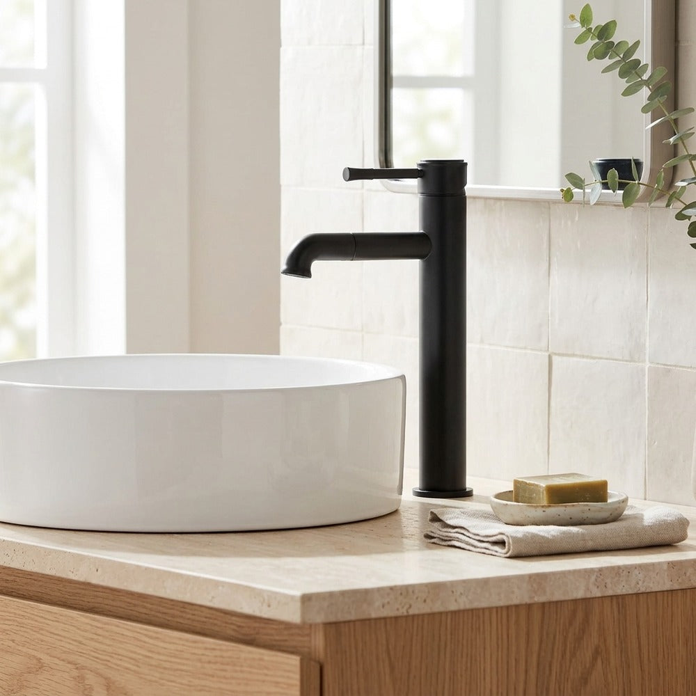 Lagomel single-hole single-handle vessel sink faucet, set in a Modern/Minimalist/Contemporary bathroom
