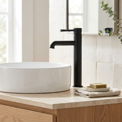 Lagomel single-hole single-handle vessel sink faucet, set in a Modern/Minimalist/Contemporary bathroom