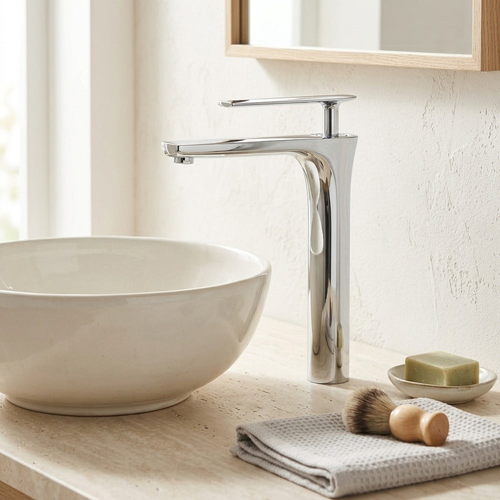 Lagomel single-hole single-handle vessel sink faucet in brushed gold, chrome, matte black, two-tone / mixed finish, set in a Modern/Contemporary bathroom
