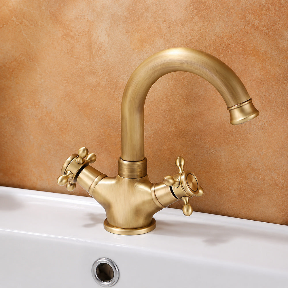 Antique Brass Swivel Spout Bathroom Faucet, Single-Hole Dual Cross Handle Vanity Faucet