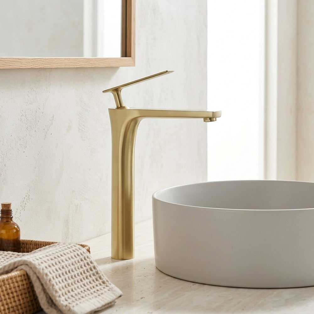 Lagomel single-hole single-handle vessel sink faucet, set in a Modern/Minimalist/Contemporary bathroom