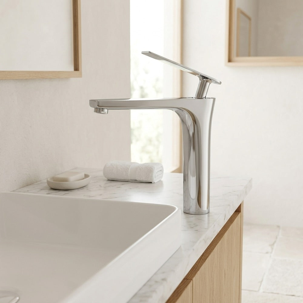 Lagomel single-hole single-handle vessel sink faucet, set in a Modern/Minimalist/Contemporary bathroom